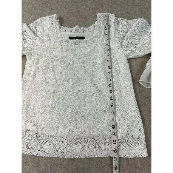White House Black Market Lined White Lace Top Chiffon Ruffle Sleeves Sze S - Picture 14 of 16